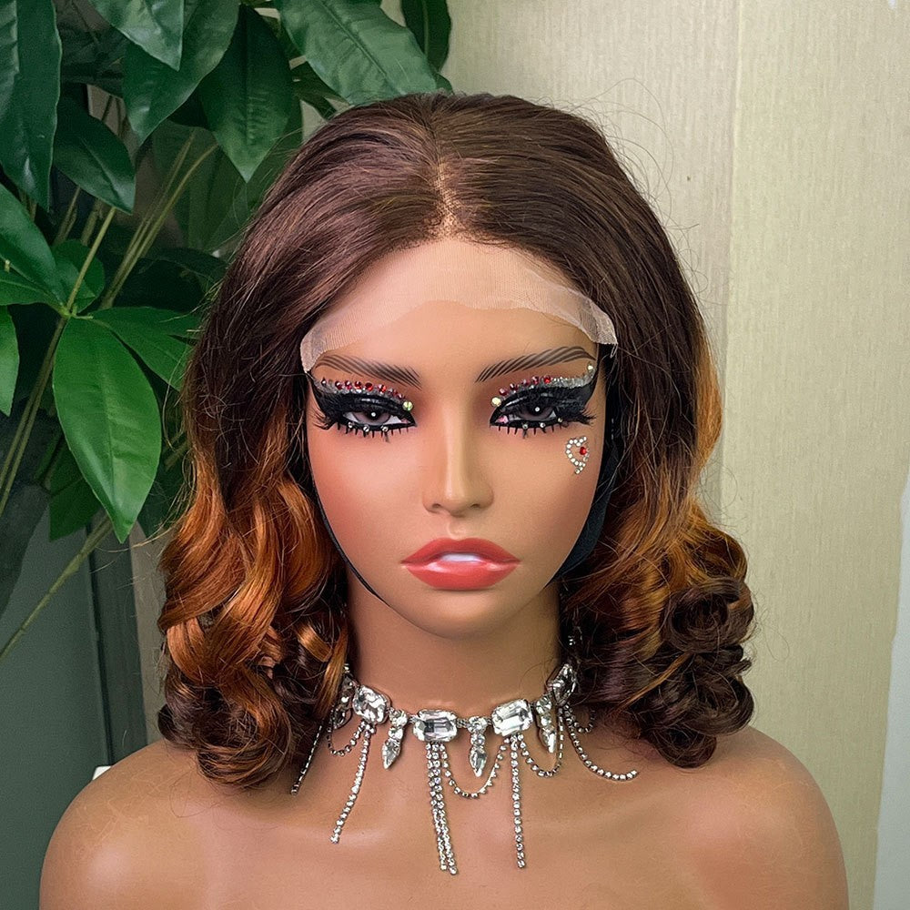 Bouncy Curly Glueless Wig Front Lace Short Hair Real Wig Head Covering
