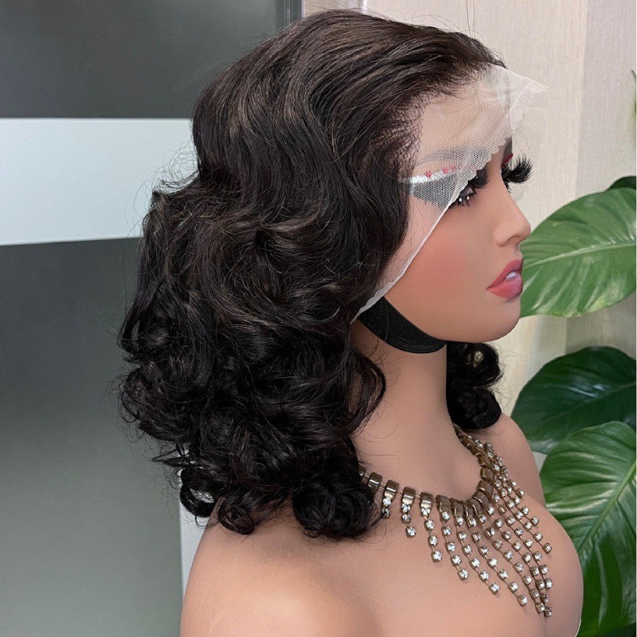 Wig Short Section Elastic Large Volume Black People with Bangs Head Covering Wig 13*4