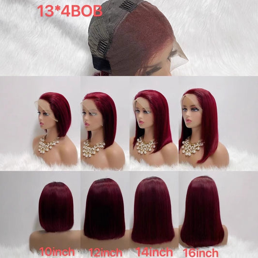 Peluca de encaje frontal 13x4 color vino #99J, bob, 100 % cabello humano
