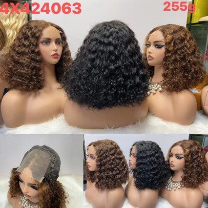 4x4 lace bob wig water wave 14inch 250% 12A human hair