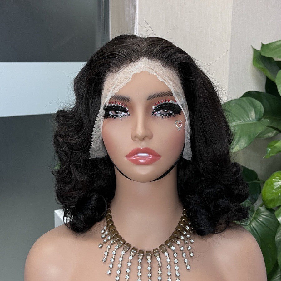 Wig Short Section Elastic Large Volume Black People with Bangs Head Covering Wig 13*4