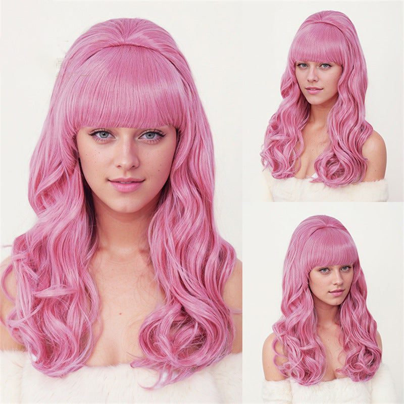 cos party wig rose net pink top hat cross-border festival long curly hair set Christmas high temperature wire headpiece