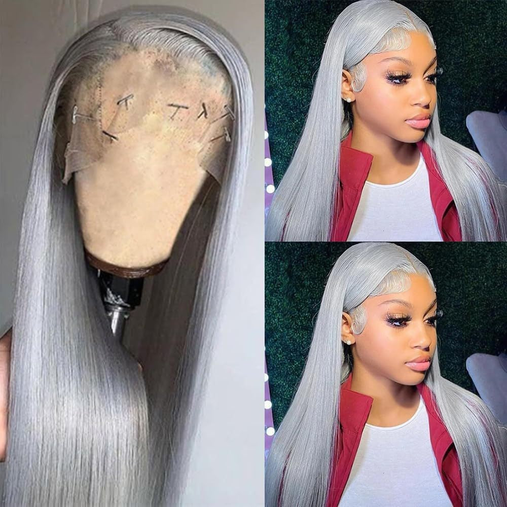 New 13*4 Front Lace Silver Gray Long Straight Hair Sliver Gray Silver Real Head Covers