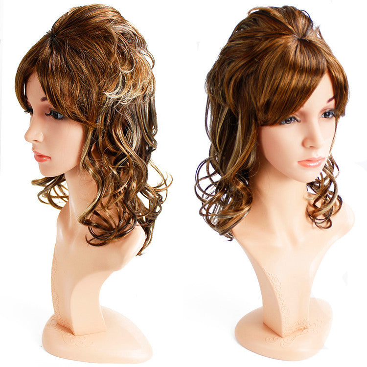 High-temperature long curly hair with side-swept bangs, synthetic fiber wigs and hairpieces
