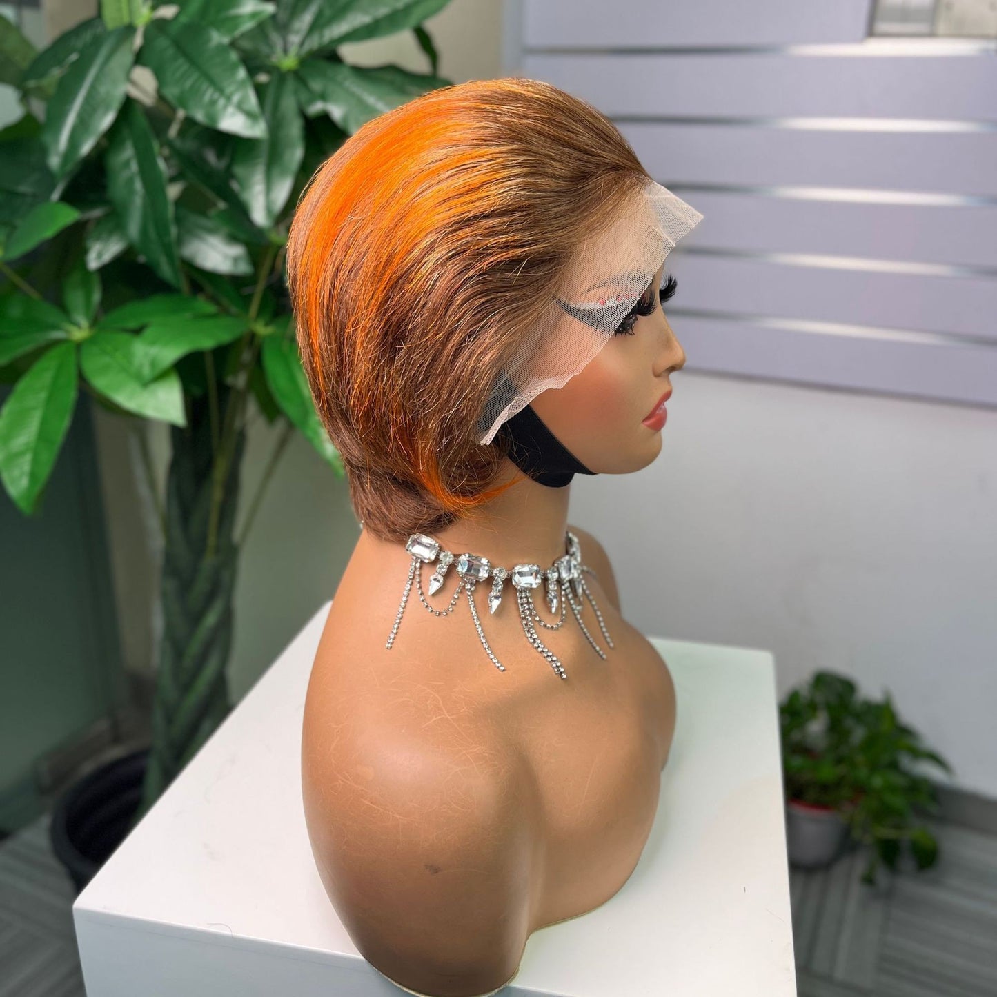 Wig Women Medium Long Parted Korean Style Without Bangs 13x4 Front Human Hair Brown Orange