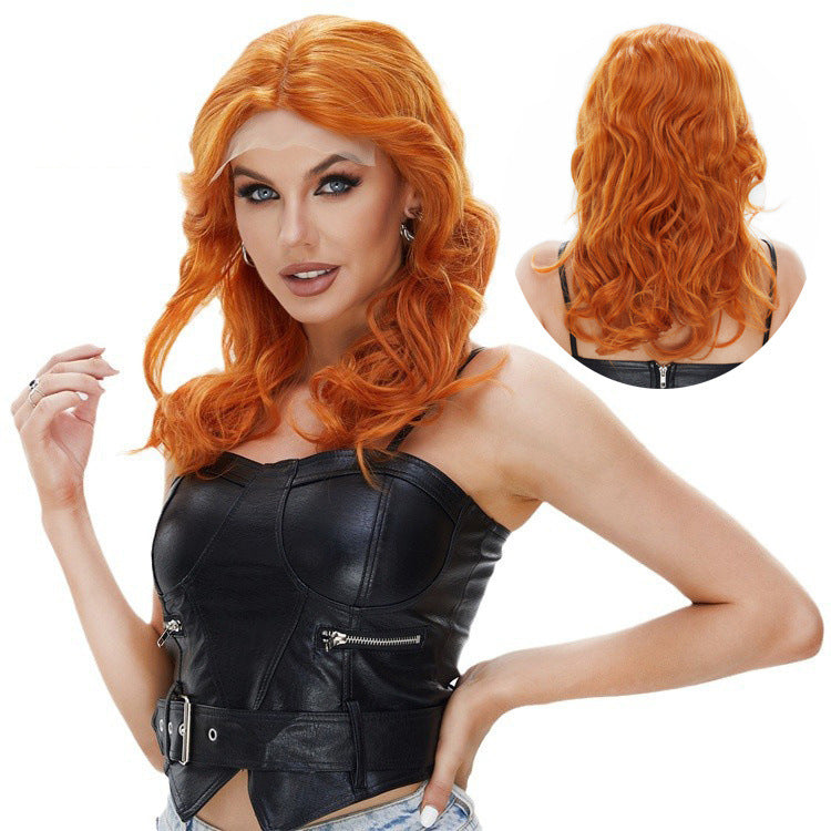 53cm long curly wig cap with European and American style small lace, orange center parting, 21-inch T-shaped lace, high temperature silk wig