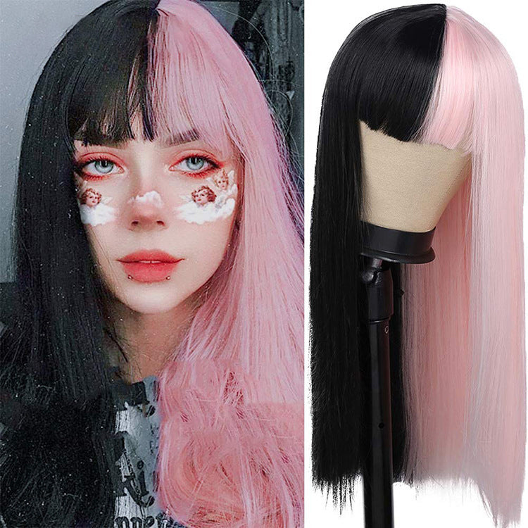 melaniemartinezwig cross-border hit TikTok wig half pink and half black high temperature silk wig set