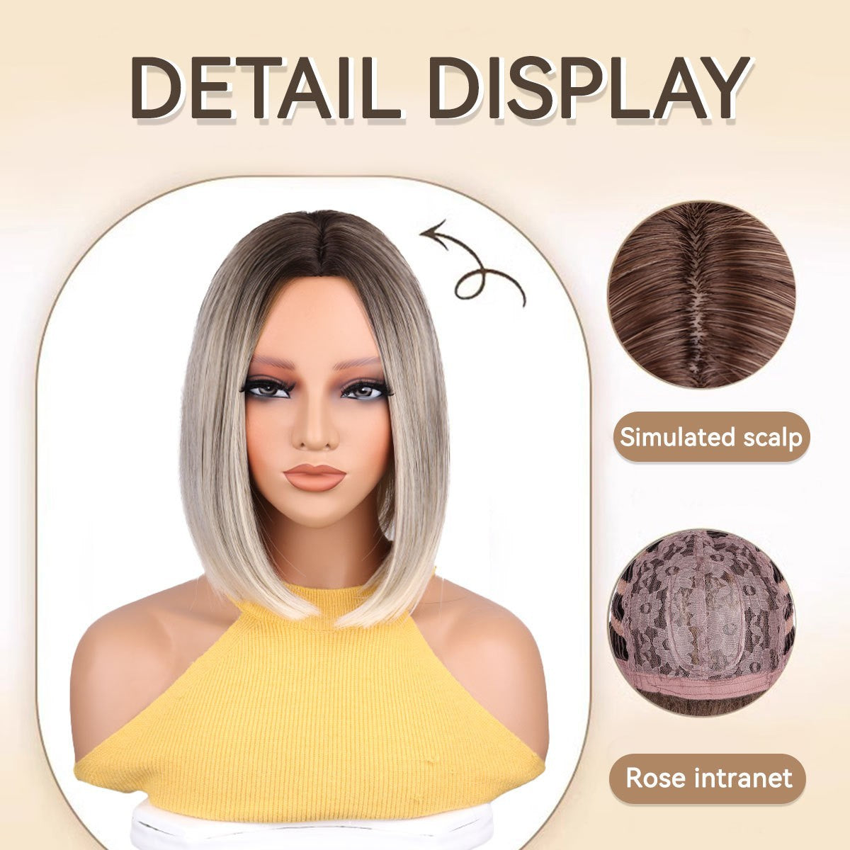 Ladies Wigs Gray Blonde Center Parted Bangs Short Straight Hair BOBO High Temperature Wig