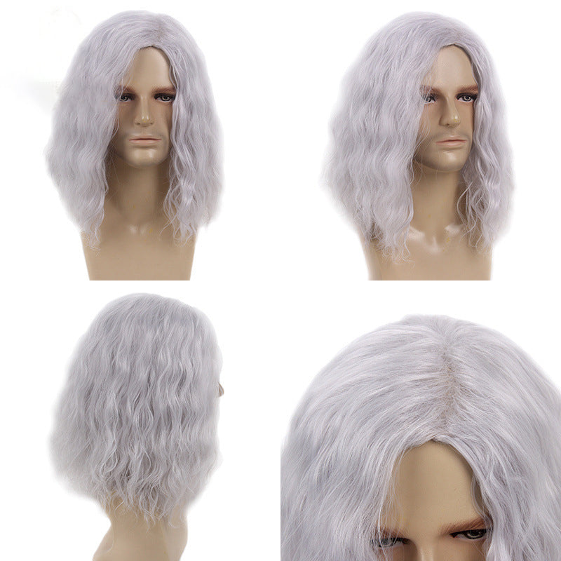 80s retro rock side parted fluffy silver gray cos Halloween Christmas European and American men's full head wig