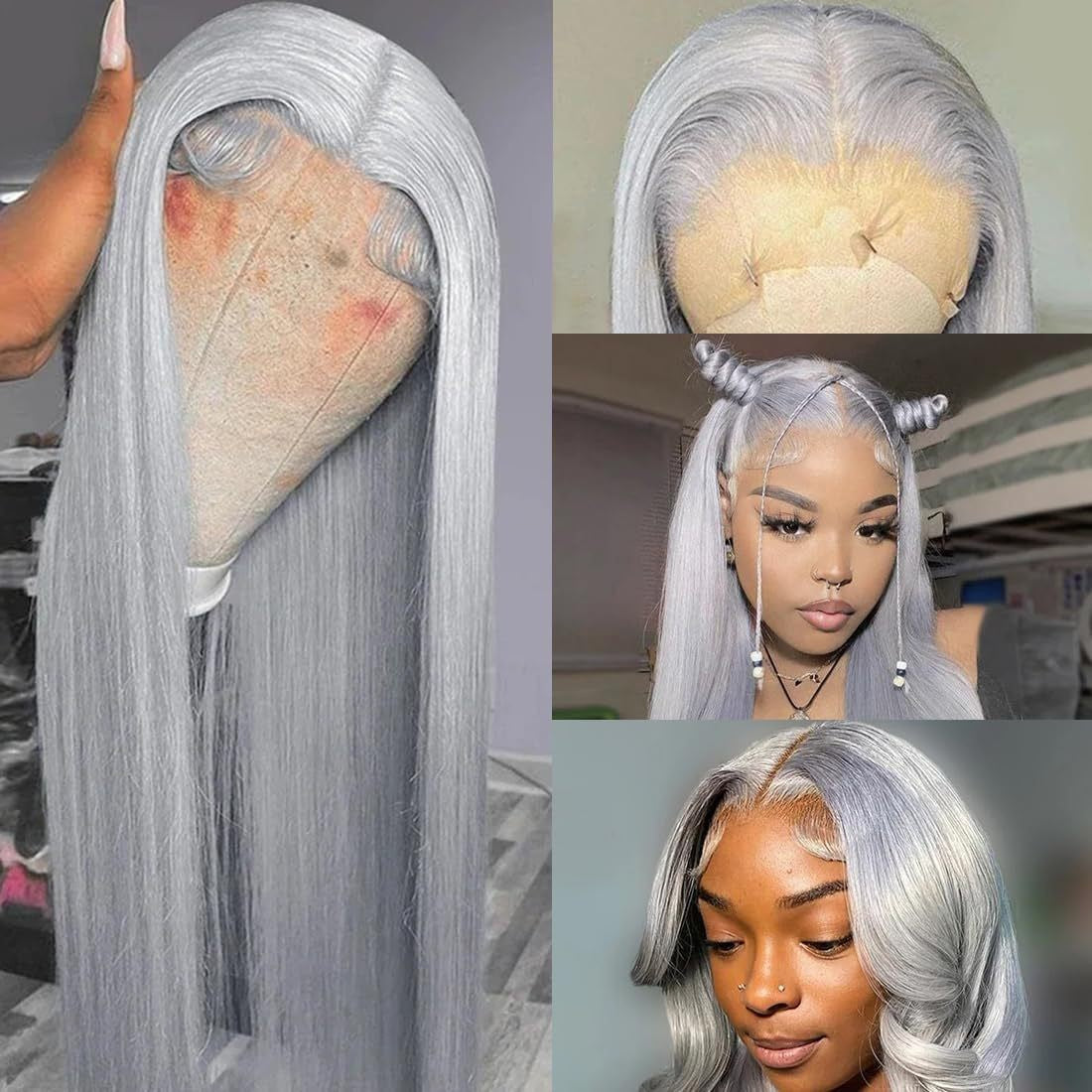New 13*4 Front Lace Silver Gray Long Straight Hair Sliver Gray Silver Real Head Covers