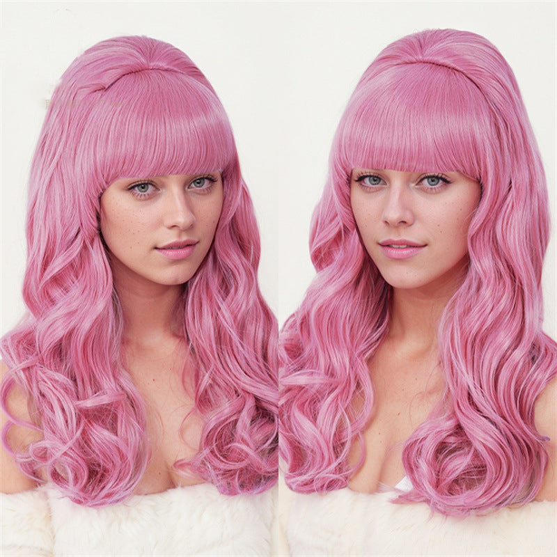 cos party wig rose net pink top hat cross-border festival long curly hair set Christmas high temperature wire headpiece