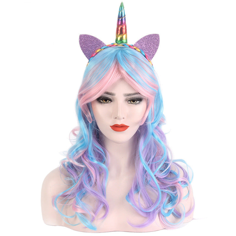 Rainbow-colored festive high-temperature hair cosplay waist-length big wave long hair wig