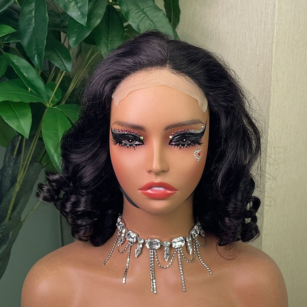 Bouncy Curly Glueless Wig Front Lace Short Hair Real Wig Head Covering