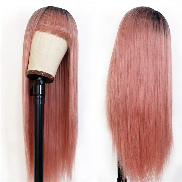 Wig hot pink natural gradient wigs women's long straight hair high temperature wire headpiece Guangdong