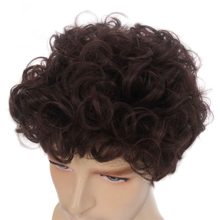 New Chemical Fiber Short Curly Wig Men's Light Breathable Brown 12 Inch Head Cover