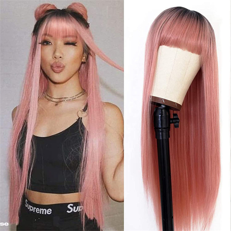 Wig hot pink natural gradient wigs women's long straight hair high temperature wire headpiece Guangdong