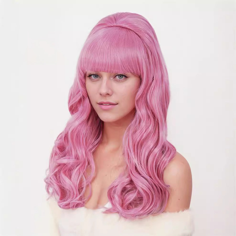 cos party wig rose net pink top hat cross-border festival long curly hair set Christmas high temperature wire headpiece