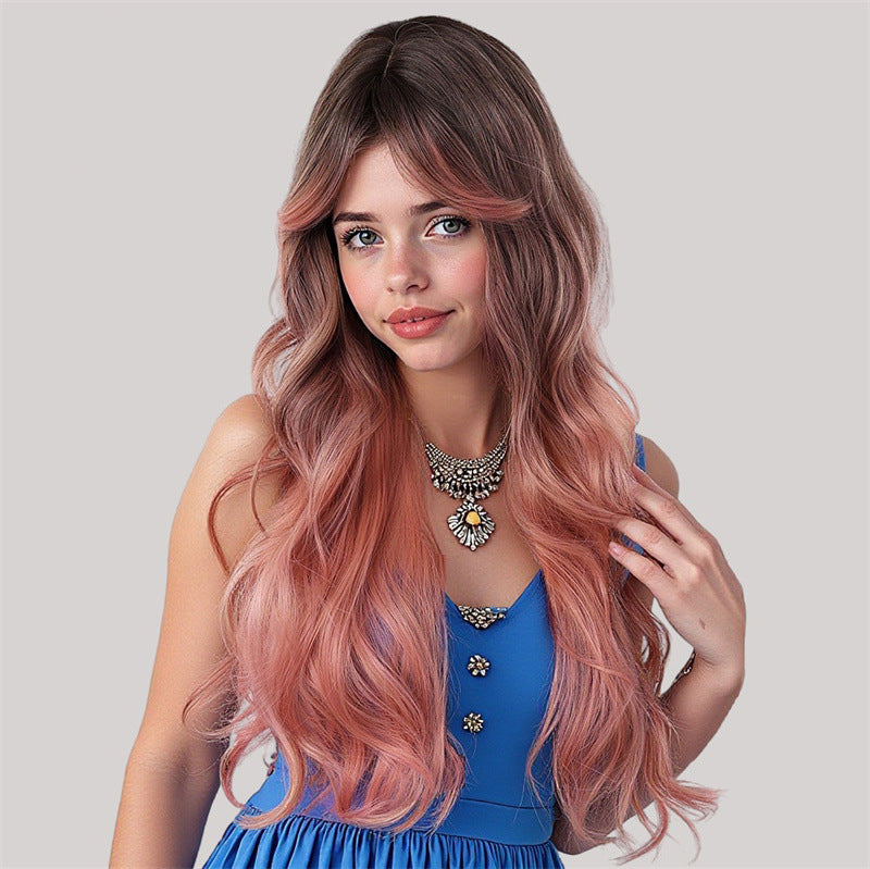 Wig Female Daily Net Red Sweet Head Dyed Black pink Gradient Wigs