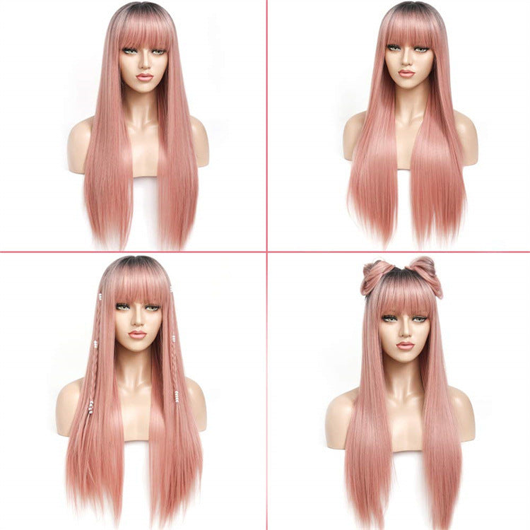 Wig hot pink natural gradient wigs women's long straight hair high temperature wire headpiece Guangdong