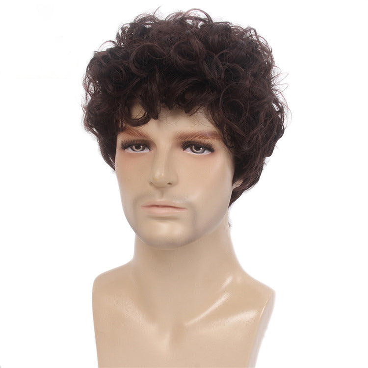 New Chemical Fiber Short Curly Wig Men's Light Breathable Brown 12 Inch Head Cover