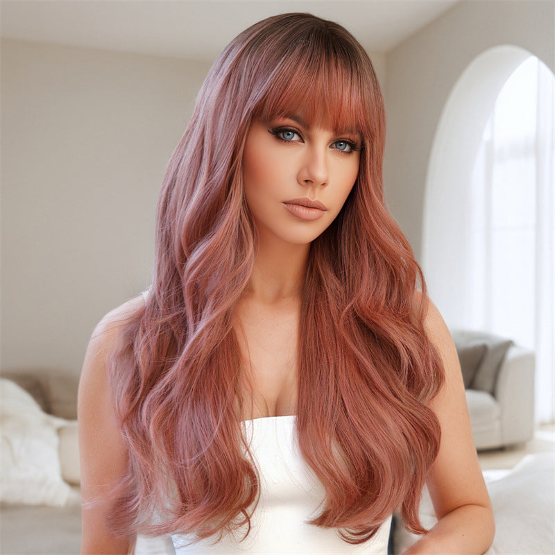 Export Pink Full-Head Wig with Bangs, Dyed Crown, Wavy Curls, 26 Inches Cosplay & Everyday Use Synthetic Wig