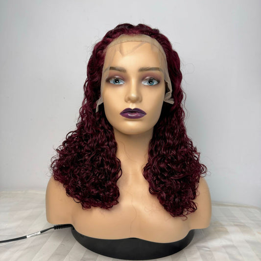 Pelucas de cabello natural de 13x4 con encaje frontal, color burdeos, rizos Pixie 12A
