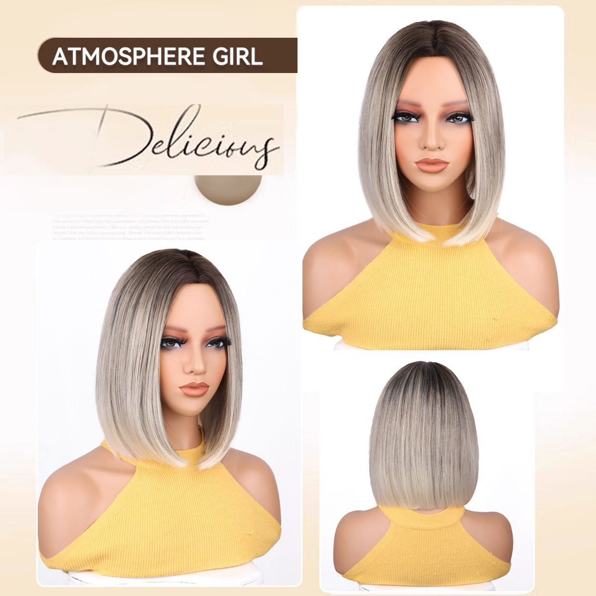 Ladies Wigs Gray Blonde Center Parted Bangs Short Straight Hair BOBO High Temperature Wig