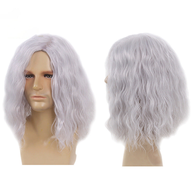 80s retro rock side parted fluffy silver gray cos Halloween Christmas European and American men's full head wig