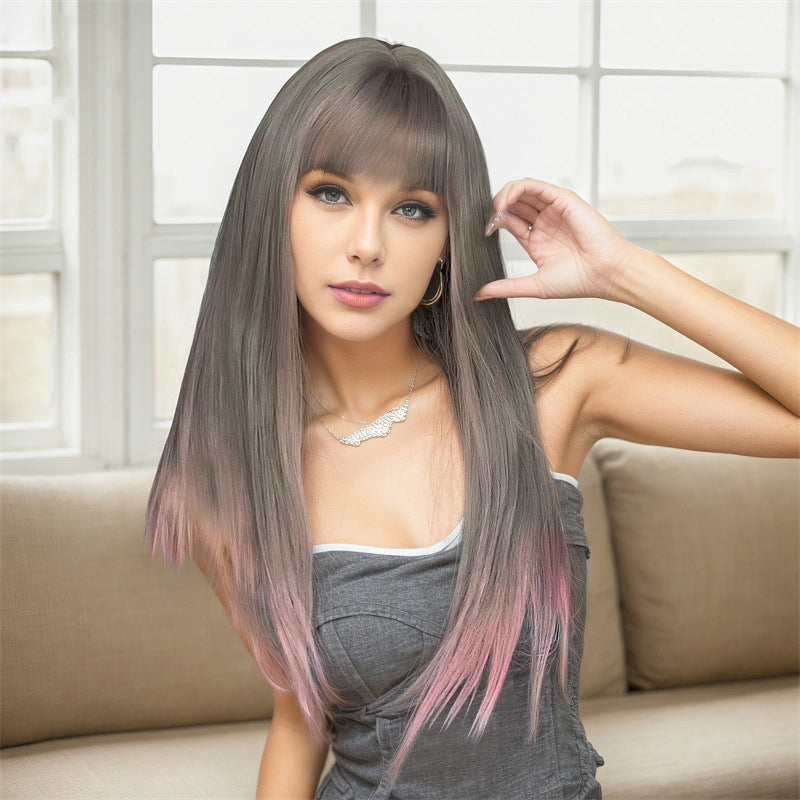 Hair Wig Wig Gray pink Gradient 60cm Long Straight Hair