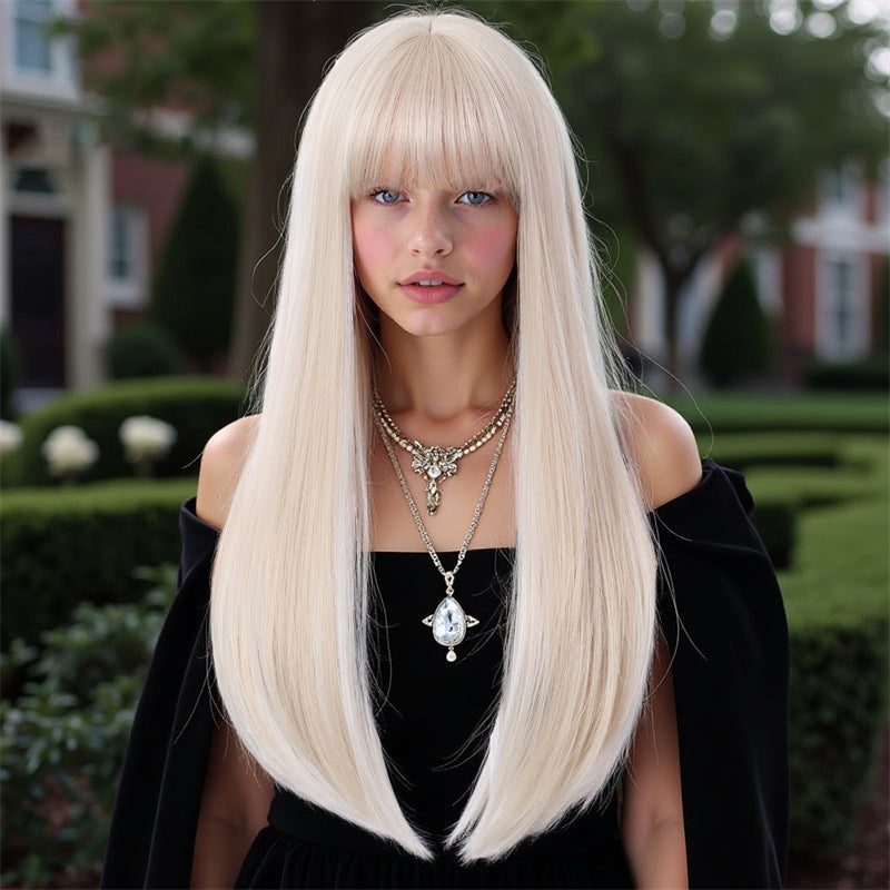 White wig with straight bangs thick hair easy to manage