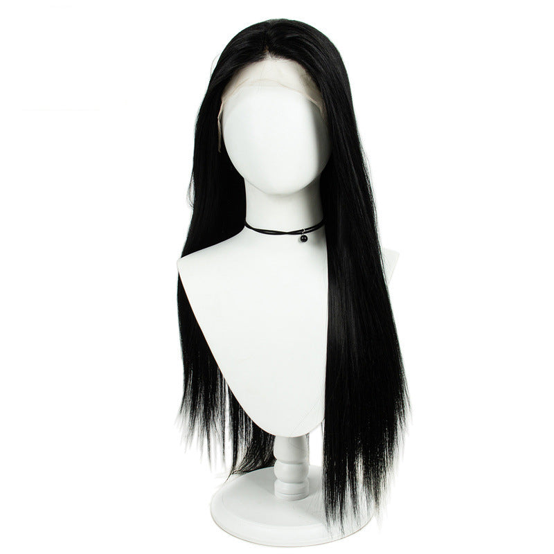 13*3 Large Area HD Forehead Lace Hand-woven Black Chemical Fiber Long Straight Wig