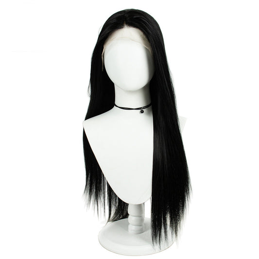 Peluca larga y recta de fibra química negra tejida a mano con encaje frontal HD de gran área de 13 x 3