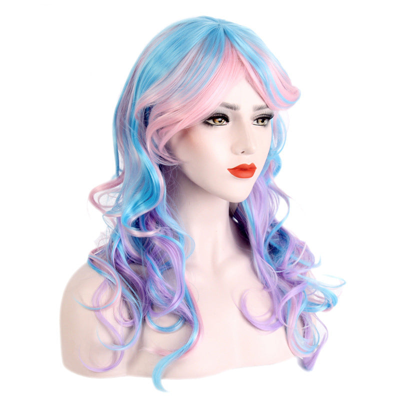 Rainbow-colored festive high-temperature hair cosplay waist-length big wave long hair wig