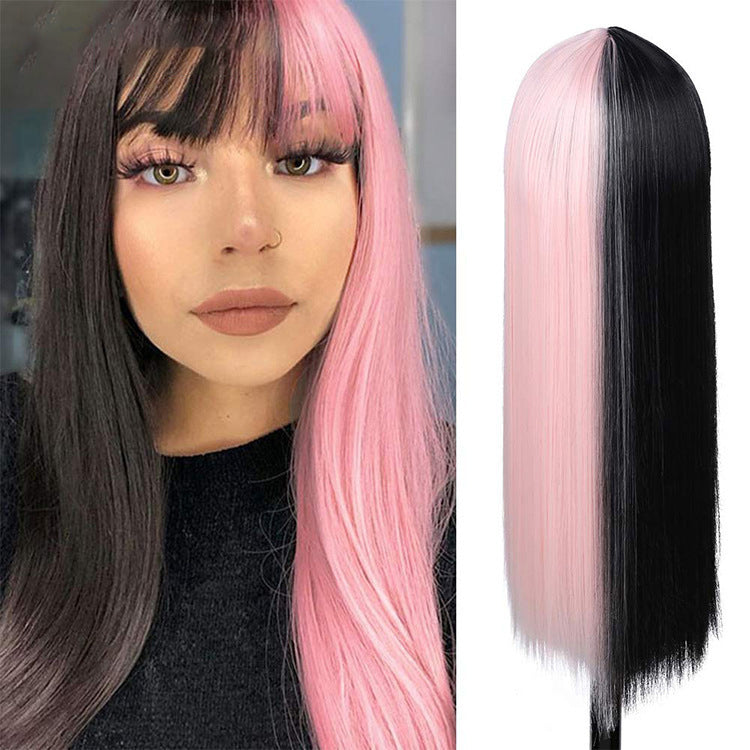 melaniemartinezwig cross-border hit TikTok wig half pink and half black high temperature silk wig set