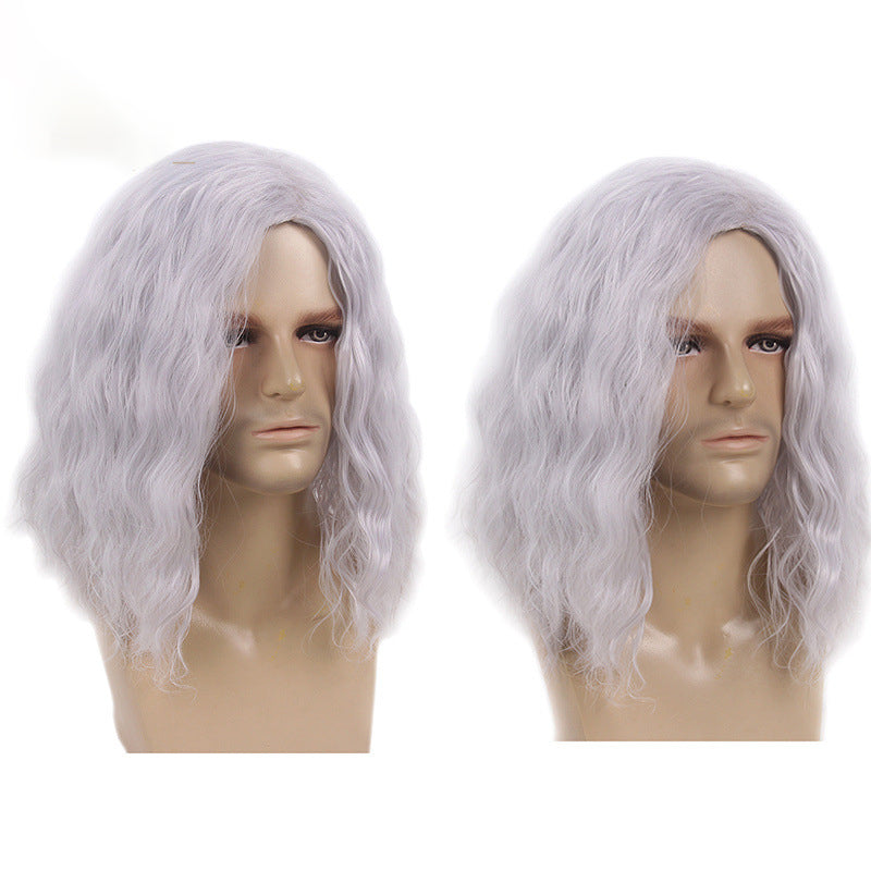 80s retro rock side parted fluffy silver gray cos Halloween Christmas European and American men's full head wig