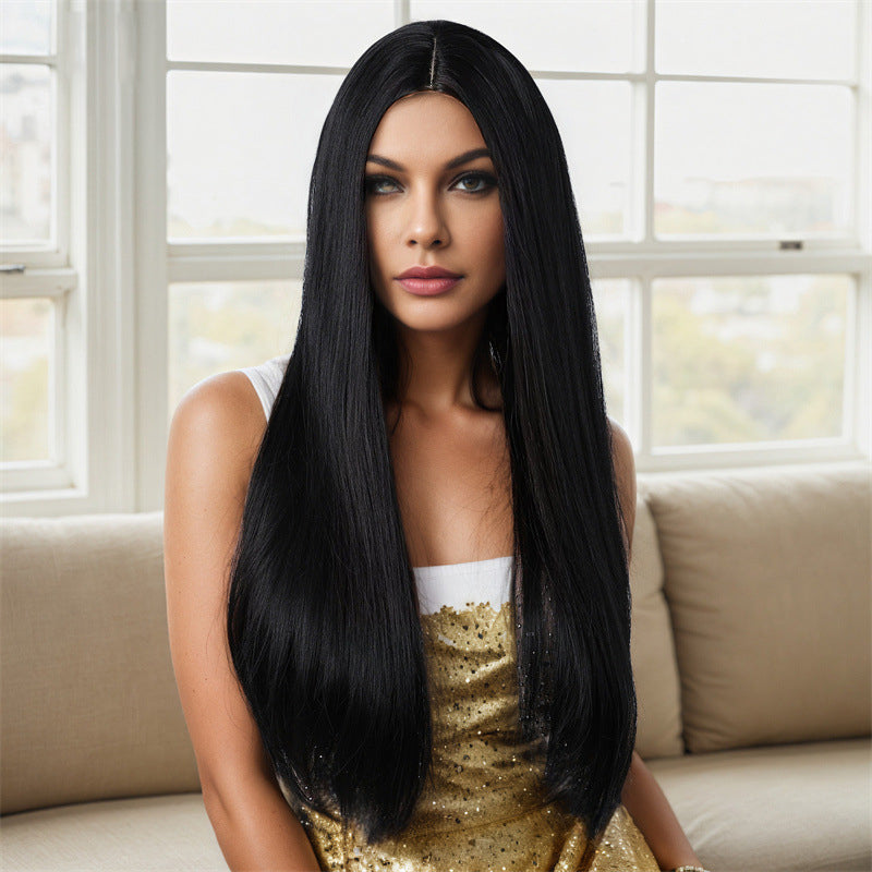 Women's Wigs Basic Models in the Parted Black Long Straight Female Chemical Fiber Wig