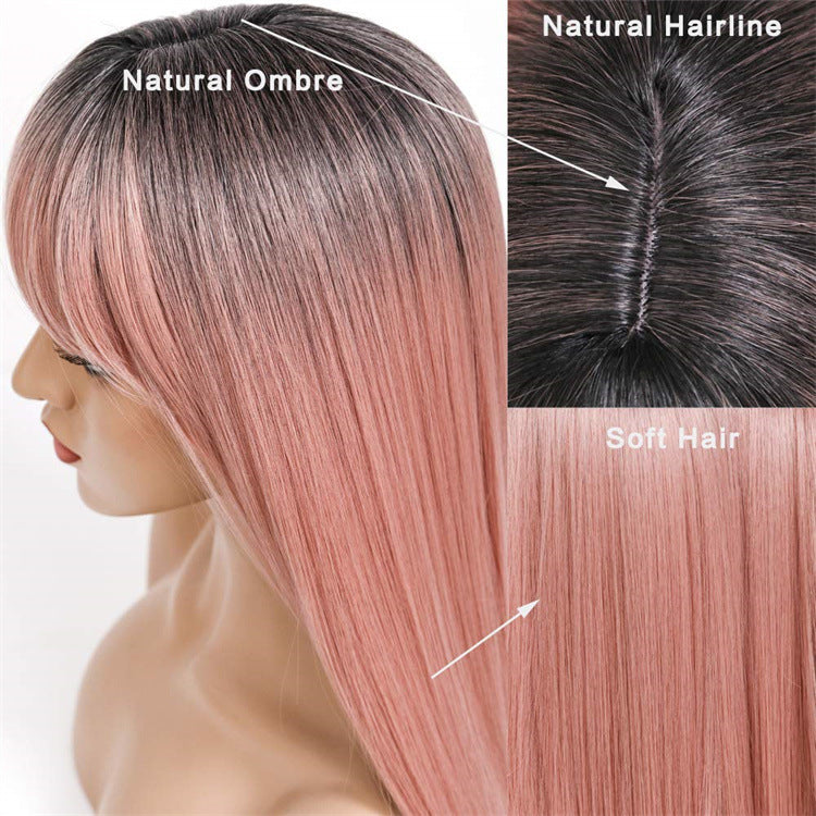 Wig hot pink natural gradient wigs women's long straight hair high temperature wire headpiece Guangdong