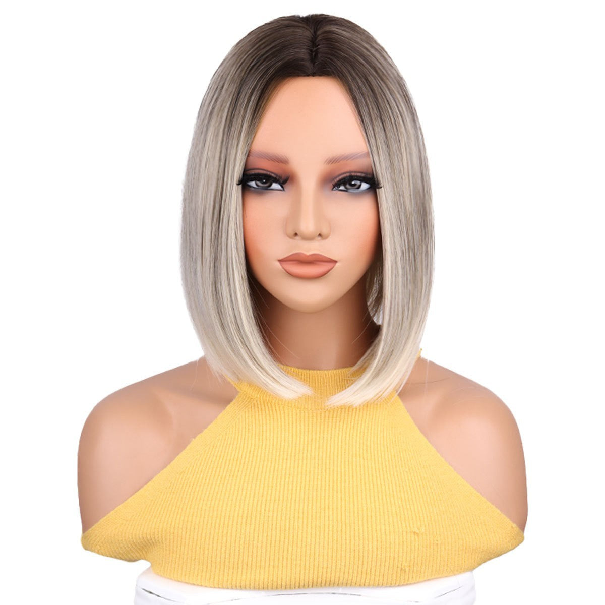 Ladies Wigs Gray Blonde Center Parted Bangs Short Straight Hair BOBO High Temperature Wig