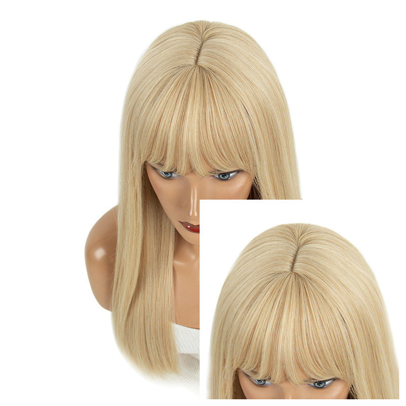 Layered collarbone-length wig with dyed bangs and realistic long straight hair