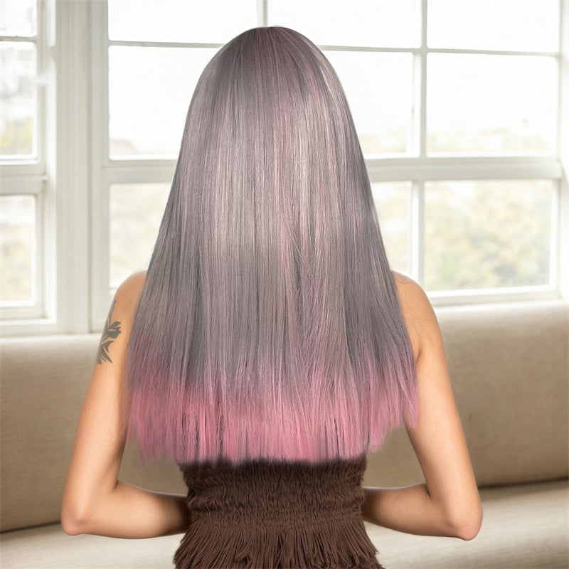 Hair Wig Wig Gray pink Gradient 60cm Long Straight Hair