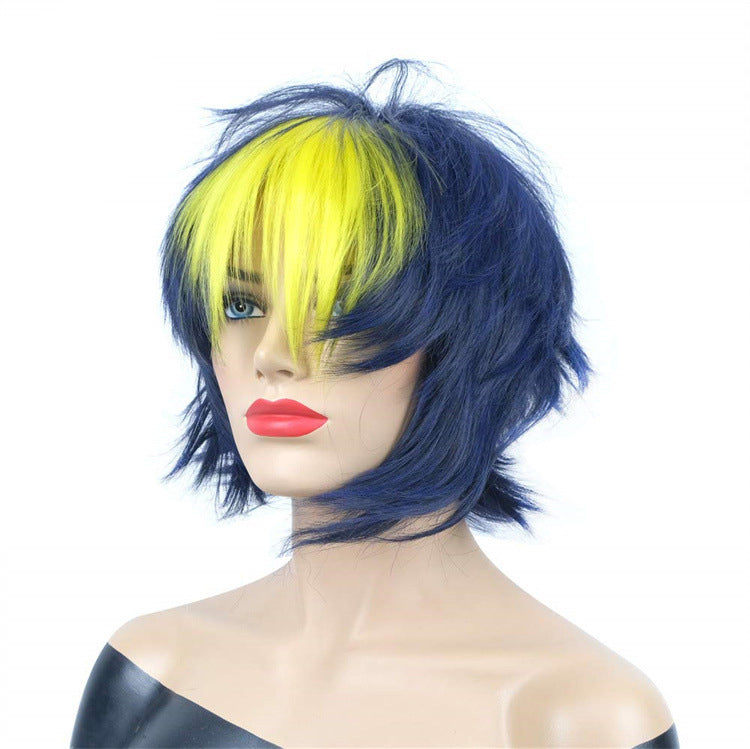 Export Cross-Border Holiday Messy-Look Women's Halloween Short Straight Hair Yellow & Blue Party Character Wig