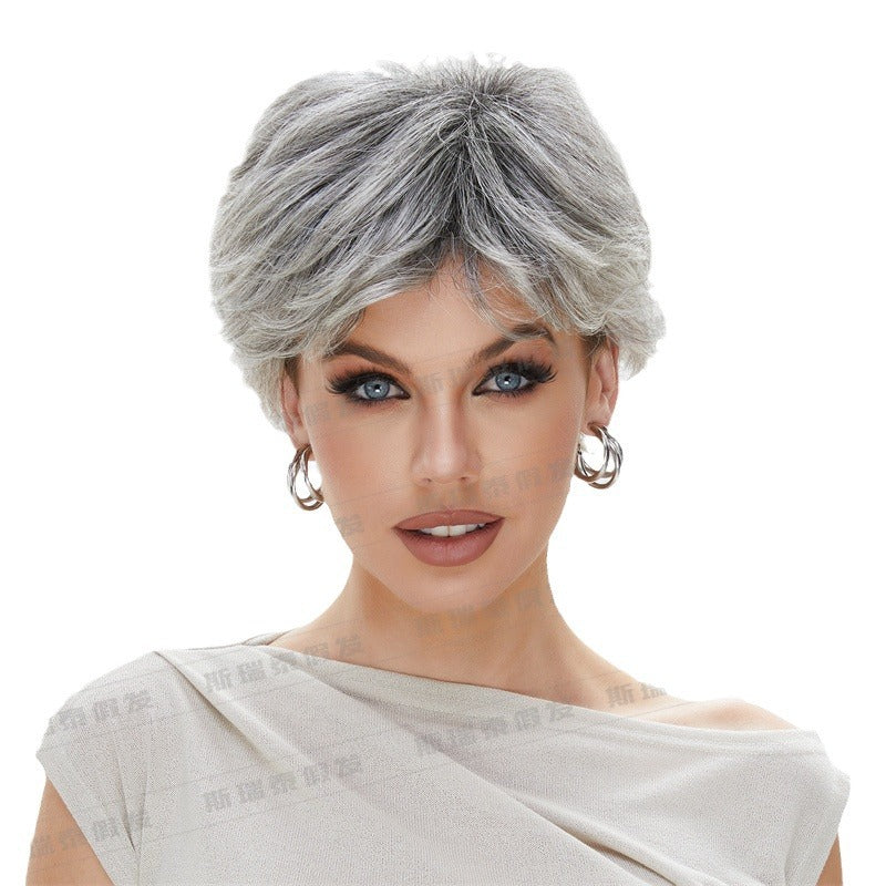 Pixie Wig Covering Silver Gray Wig Female Curly Hair Middle-aged Woman Wig