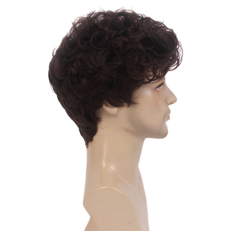 New Chemical Fiber Short Curly Wig Men's Light Breathable Brown 12 Inch Head Cover