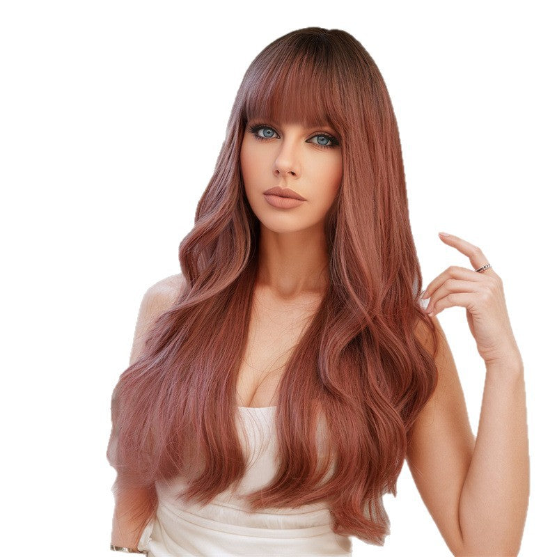 Export Pink Full-Head Wig with Bangs, Dyed Crown, Wavy Curls, 26 Inches Cosplay & Everyday Use Synthetic Wig