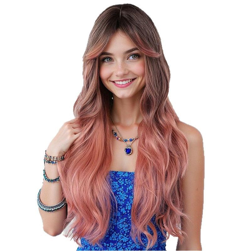 Wig Female Daily Net Red Sweet Head Dyed Black pink Gradient Wigs