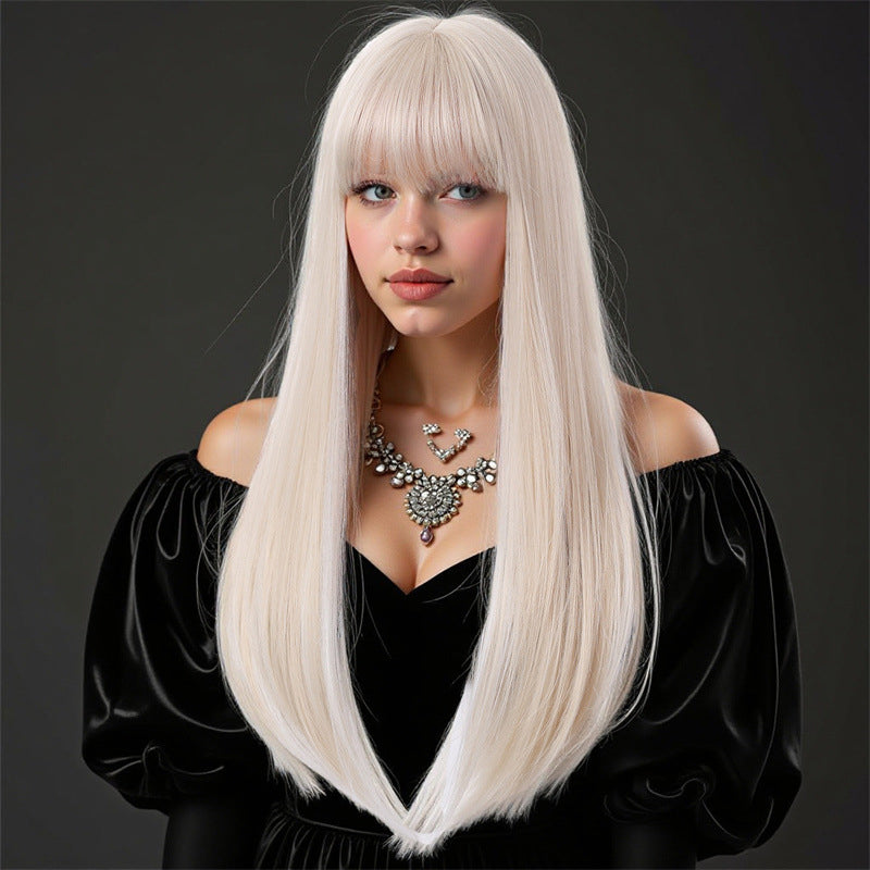 White wig with straight bangs thick hair easy to manage