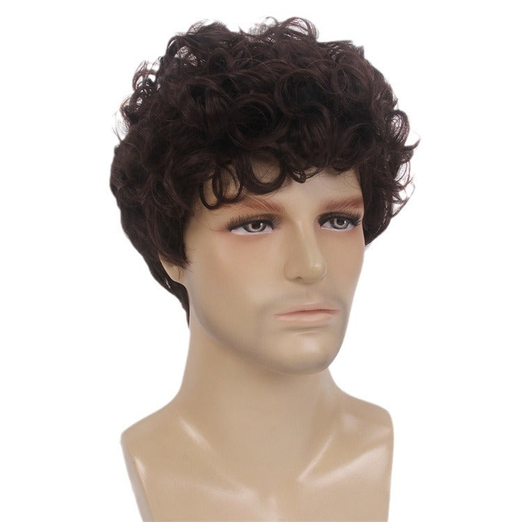 New Chemical Fiber Short Curly Wig Men's Light Breathable Brown 12 Inch Head Cover