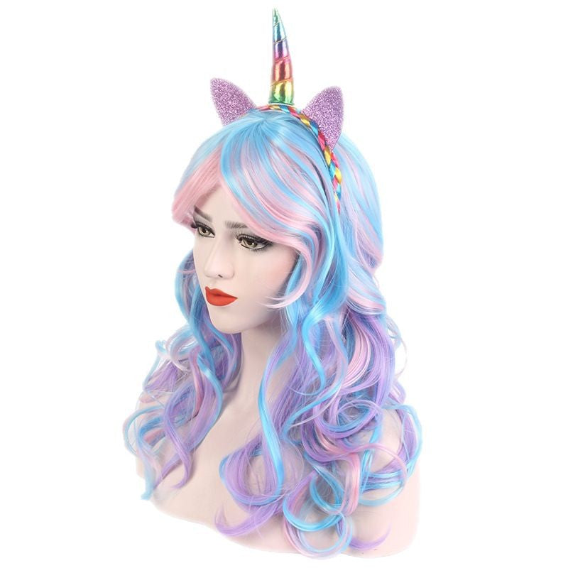 Rainbow-colored festive high-temperature hair cosplay waist-length big wave long hair wig