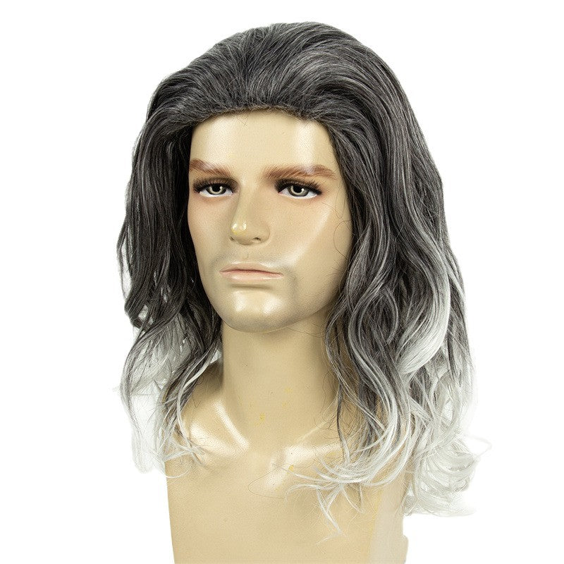 New Halloween Wig Retro Rock Gray Gradient Men's Long Wig