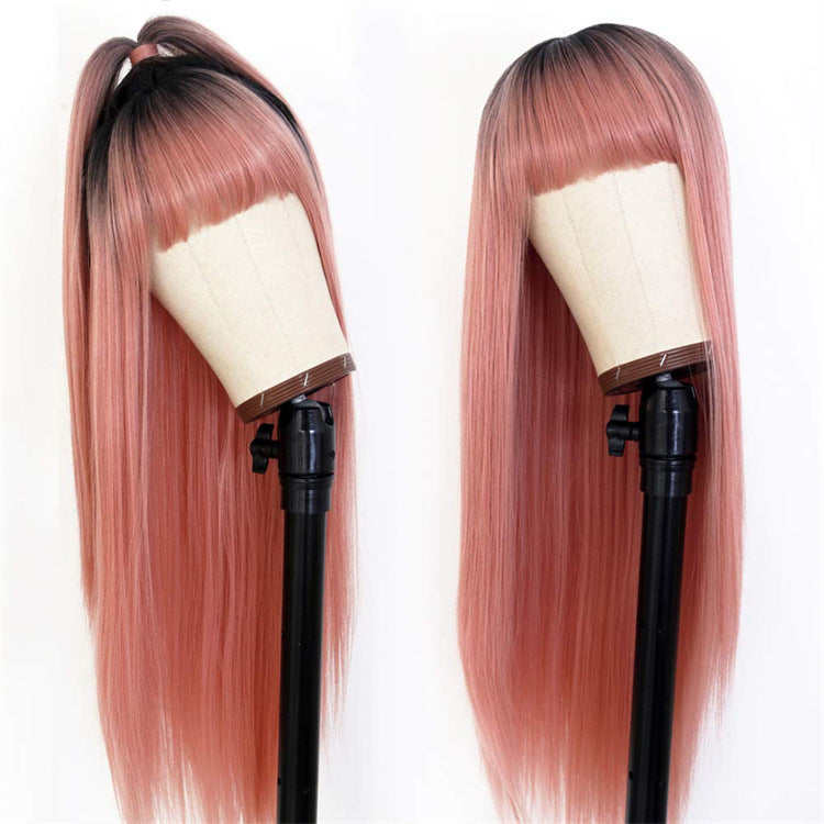 Wig hot pink natural gradient wigs women's long straight hair high temperature wire headpiece Guangdong